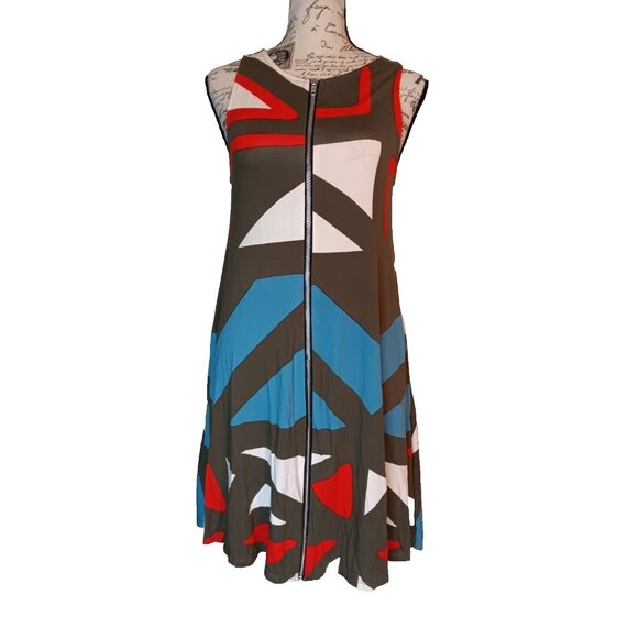 Anthropologie Bel Kazan Medium Dress, Geometric Sleeveless Zip, Multicolor Retro - Picture 1 of 5